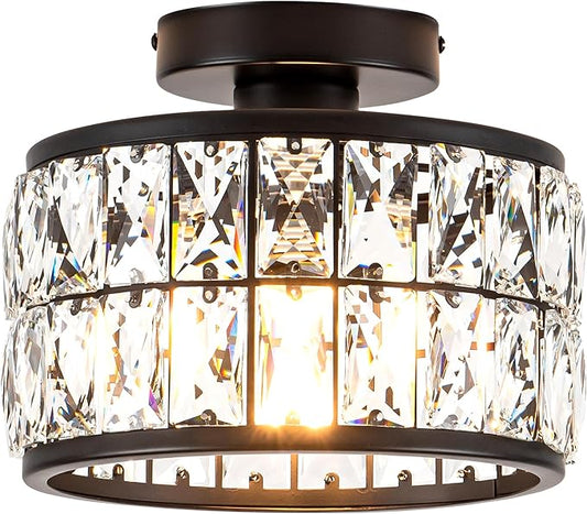 Crystal Ceiling Light Fixture, Modern Semi Flush Mount Ceiling Light,Crystal Chandelier for Kitchen Bedroom Bathroom Entryway, Black Finish
