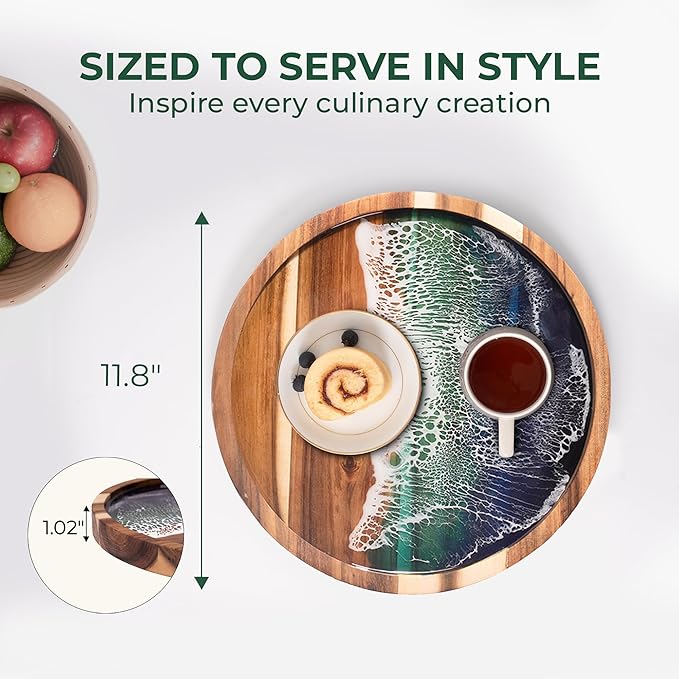 Acacia Wood Round Serving Tray with Epoxy Resin Art, 11.8βx11.8β, Includes Stand & Loofah, Handcrafted Ocean Wave Design, Perfect for Charcuterie, Serving Platters & Appetizers