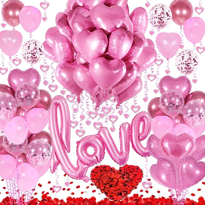 Pink Valentines Day Decorations with Heart Balloons and Love Balloon, Fake Rose Petals for Wedding Decor, Anniversary Decorations Romantic with Pink Latex Balloons and Heart Hanging