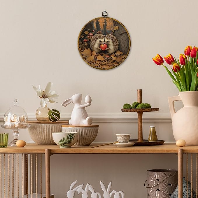 Mcehtle Vintage Fall Hedgehog Wall Art Decor,Rustic Autumn Cottagecore Forest Framed Canvas Prints 10x10, Animal Wildlife Maple Leaves Round Wall Hanging Artwork Decorations for Home Bedroom Gallery