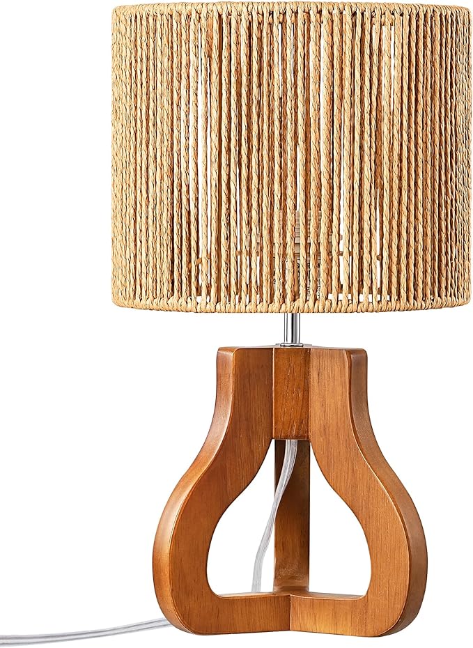 EDISHINE 14.6" Rattan Table Lamp, Rose Wood Tripod Nightstand Lamp, Handwoven Paper Rope Shade, Small Bedside Lamp for Bedroom Living Room, Office, On-Off Line Switch, E26 Base(Bulb Not Included)