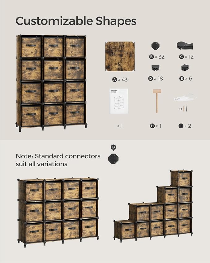 SONGMICS Cube Storage Organizer with Storage Boxes, Set of 12-Cube Organizer, 12 Collapsible Non-Woven Fabric Bins, Customizable, Space-Saving, Bedroom, Rustic Brown ULPC122K01