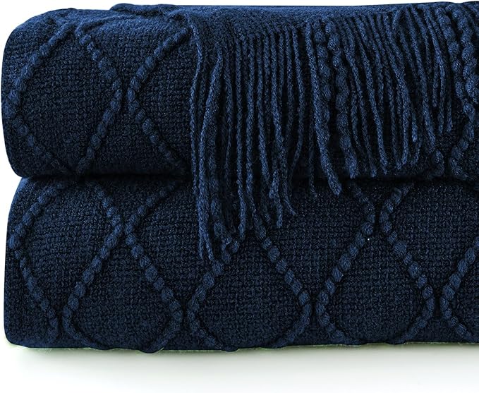 inhand Knitted Throw Blankets for Couch and Bed, Soft Cozy Knit Blanket with Tassel, Dark Blue Lightweight Decorative Blankets and Throws, Farmhouse Warm Woven Blanket for Men and Women, 50"x60"