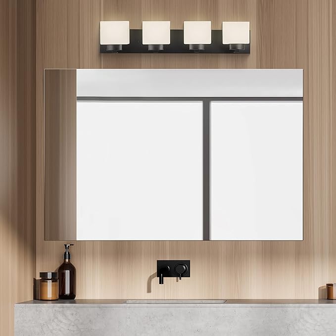 Design House 588426 Dove Creek Vanity Light Dimmable with Frosted Glass for Above Bathroom Mirror, Matte Black, 4-Light
