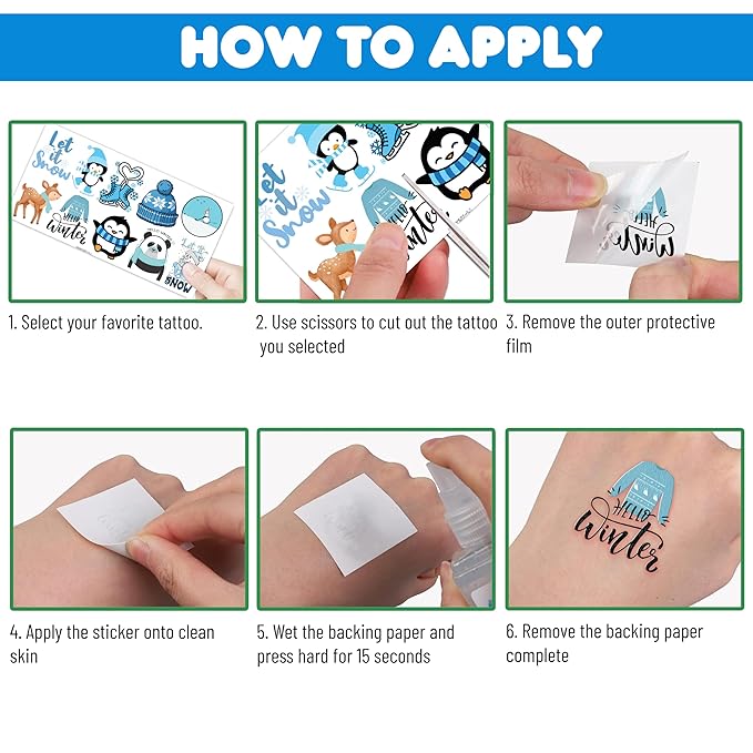 100 PCS Funny Blue Winter Temporary Tattoos Sticker Snowman Birthday Snowflake Christmas Party Decorations Decor Supplies Favors Gifts Girls Boys Baby Showers Cute Fake Tattoos Classroom Reward Themed