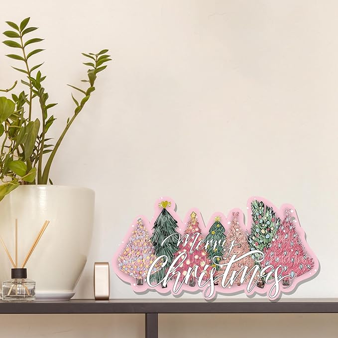 CGBHW Pink and Green Christmas Tree Wooden Sign, Merry Christmas Decoration Hanging Sign Wall Decor, Pink Christmas Holidays Theme for Home Office Girls College Dorm Door Decor 12 x 6 Inch