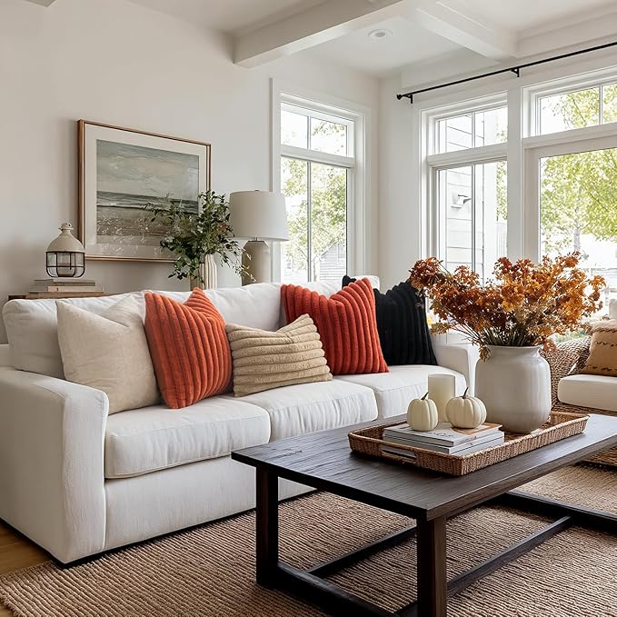 MIULEE Fall Faux Fur Lumbar Decorative Throw Pillow Covers 12x20 Inch Set of 2, Retro Vintage Boho Home Decor Soft Plush Couch Pillows Cozy Fluffy Cushion Covers for Sofa Bed Burnt Orange