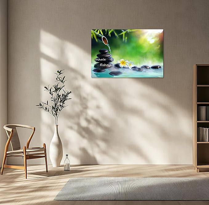 YIOZHAOFH Spa Canvas Print Art Nature Zen Painting Relaxing Bathroom Wall Art Decor White Lotus Pictures Framed Artwork Inhale Exhale Poster Office Decor for Spa Room Bedroom (12L x 16W)