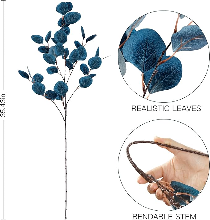 Sggvecsy 6 Pcs Eucalyptus Leaves Artificial Eucalyptus Stems Long Silver Dollar Leaves Faux Leaf Branches Fake Silk Eucalyptus for Spring Summer Home Festival Thanksgiving Christmas Decor (Blue)
