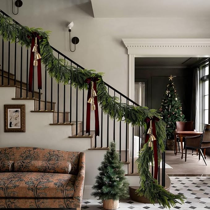 N&T NIETING 9FT Christmas Norfolk Pine Garland, Real Touch Pine Garlands Faux Greenery Garland Winter Christmas Garland for Table Mantle Holiday Indoor Outdoor Xmas Decorations (4 Pcs)