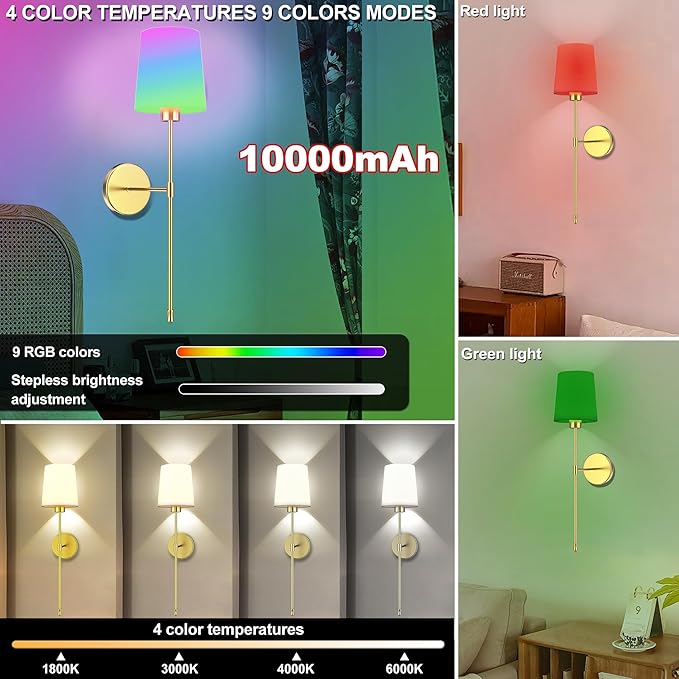 10000mAh Battery Operated Wall Sconces Set of Two, Wireless Sconces Set of 2 Wall Light with RGB Rechargeable Magnetic Bulb, Sconces Wall Decor Set of 2 for Bedroom Living Room, Gold