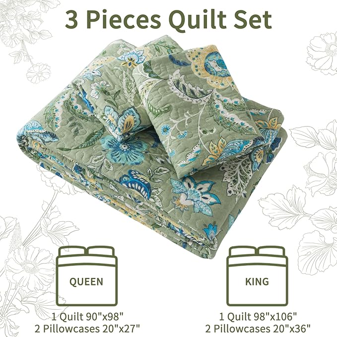 VAPUTAR King Quilt Bedding Set - Cotton Bedspreads King Size (98 x 106 inch) with Floral Pattern, Farmhouse Lightweight King Size Quilt Suitable for All Season(3 Pieces, Olive Green)