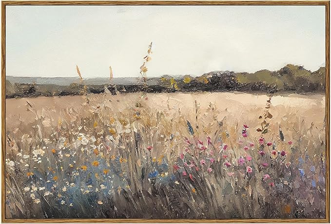KBKBART Framed Vintage Wall Art Prints, Retro European Country Autumn Wildflower Field Landscape Canvas Painting Farmhouse Decor, Rustic Antique Framed Canvas Wall Art for Bathroom, Bedroom, Living