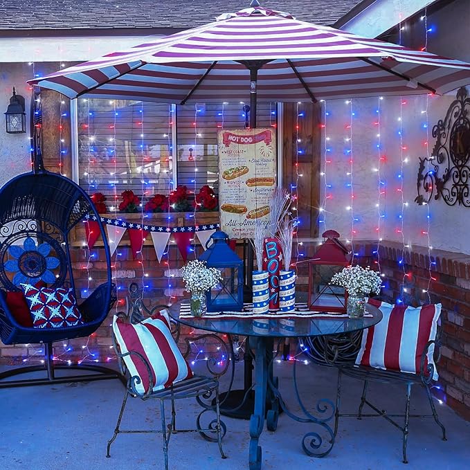 JMEXSUSS 300LED Red White and Blue Lights with Remote, 4th of July Lights Plug in, Patriots Curtain Hanging String Lights for Bedroom Wall Window Backdrop Indoor Outdoor 4th of July Decor, 9.8x9.8ft