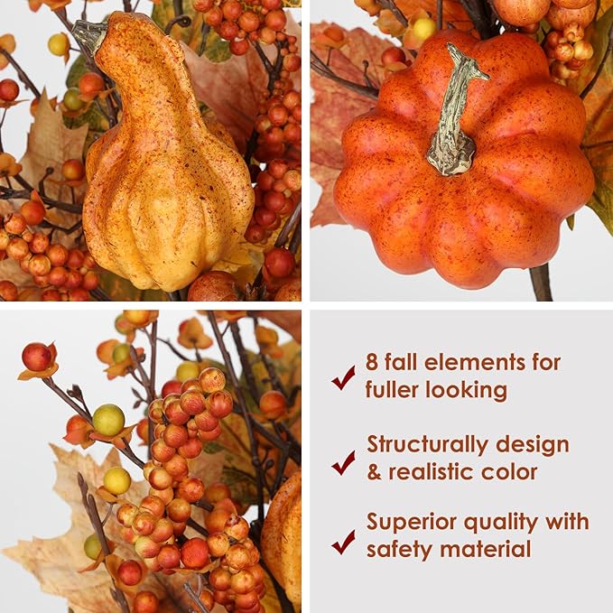 31.5" Artificial Fall Leaf Stems Autumn Leaves Decor, Fall Pumpkin Decorations for Home, 2 Pcs Artificial Berry Maple Leaf Floral Arrangement Long Stems Branches for Festival Vases Centerpieces Swags