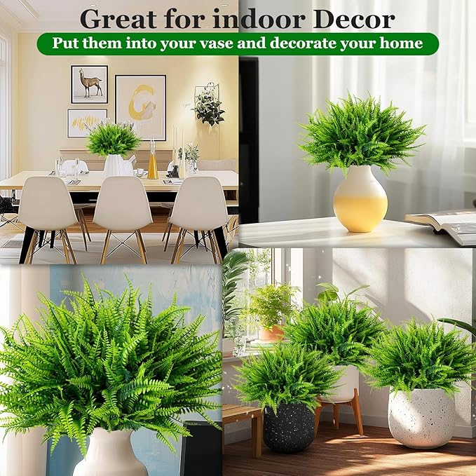 24 Bundles Artificial Fake Plants for Outdoor Faux Boston Fern for Home Decor UV Resistant Fake Plants Greenery for Front Porch Planter Indoor or Outdoor (Green)