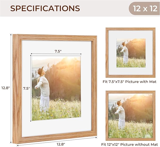 12x12 Picture Frame Set of 2, Oak Wood 12 x 12 Photo Frames for Wall, Square 12 by 12 Wood Frames with Real Glass, 12x12 Frame Matted to 8x8, 12 x 12 Wall Gallery Frame Set