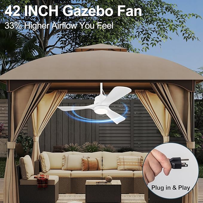 42 inch Gazebo Ceiling Fans Outdoor Hanging Waterproof, Wet Rated Oudoor Ceiling Fans for Patios with Light, 6 Speed Remote, Plug in Cord Outlet Hook for Outside Porch, Pergola, Garage-White