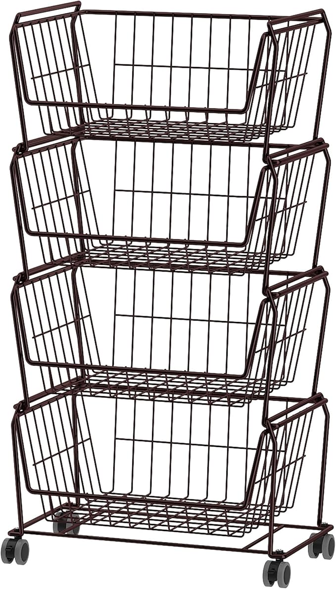 PUSDON Stackable Metal Storage Carts, Dual Use Shelf for Kitchen Fruit Vegetable Baskets with Wheels, Storage Rack for Living Room, Home & Office, Standard Bronze 4 Tiers
