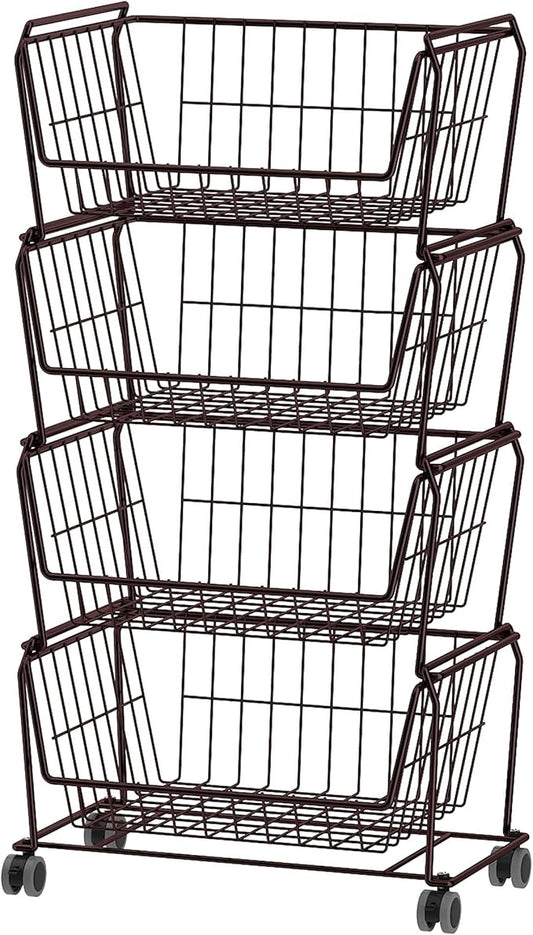 PUSDON Stackable Metal Storage Carts, Dual Use Shelf for Kitchen Fruit Vegetable Baskets with Wheels, Storage Rack for Living Room, Home & Office, Standard Bronze 4 Tiers