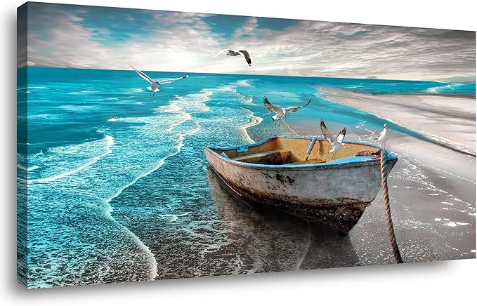 Beach Picture Canvas Wall Art Prints Black and White Waves Seascape Paintigns Home Decor Boat Seagulls Ocean Landscape for Living Room Bedroom Bathroom Decoration Natural Scenery Artwork 20x40inches