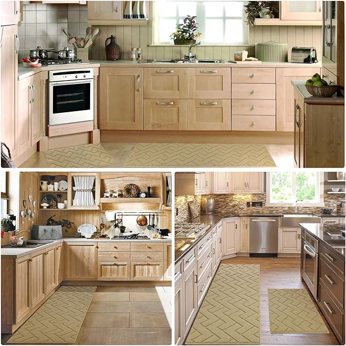 hicorfe Kitchen Rugs and Mats Sets,2 Pieces Super Absorbent Polypropylene Non-Slip Rug,Soft Comfort Floor Mat,Machine Wash for Kitchen,Hallway,Office,Sink,Laundry(20" x 31.5" Plus 20" x 48",Beige