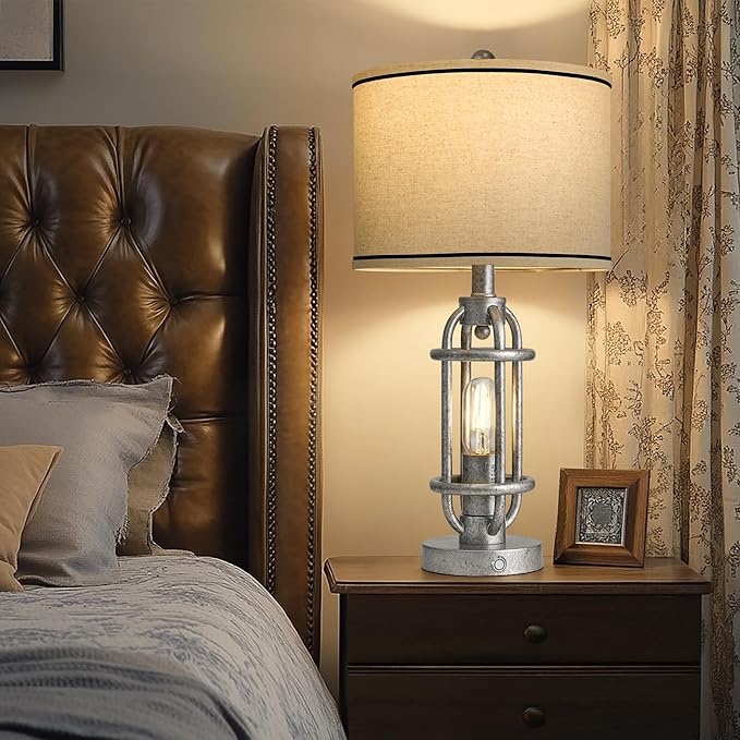 23.75'' Table Lamps Set of 2 for Living Room Bedroom Industrial Farmhouse Metal Touch Lamps with USB A+C Ports, Night Light Vintage Nightstand Bedside Lamp, Bulbs Included, Antique Silver