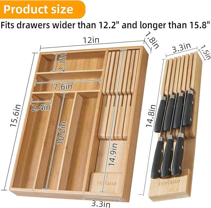 Small-Bamboo-Silverware-Drawer-Organizer, Expandable Utensil Kitchen Cutlery Tray Flatware Organization Adjustable Wood Tableware Dividers Storage (with Removable Knife Block)(Natural)