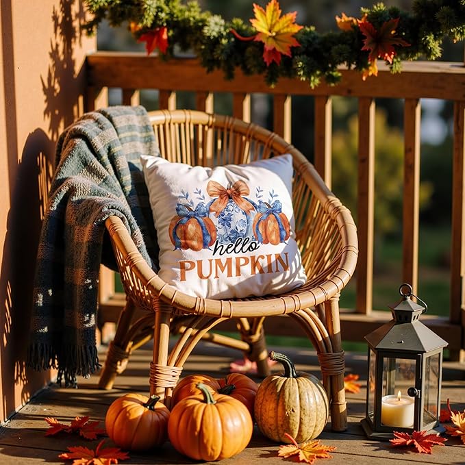 Chinoiserie Fall Pumpkin Pillow Covers 18x18,Autumn Decor,Blue and White Orange Chinoiserie Pumpkin Decorative Throw Pillow Covers for Home Bedroom Living Room