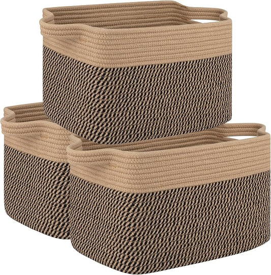 OIAHOMY 3 Pack Storage Basket for Organizing, 13''X9.85''X8.7'' Storage Bins,Woven Basket Basket with Handles, Toy Storage Basket Bin,Stylish Room Decor Basket, Brown & Black