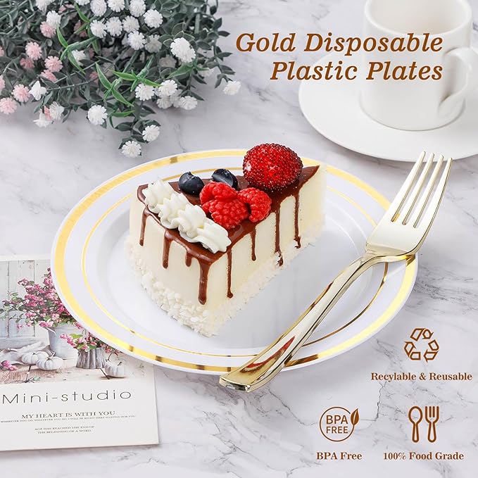 100PCS Gold Plastic Plates, 10.25 Inch Disposable Dinner Plate Party with Gold Rim for Christmas, Thanksgiving, Heavy Duty Disposable Plastic Plates for Party, Wedding and Birthday, Events