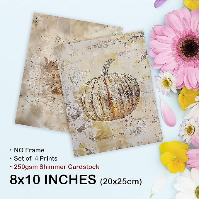 TLESKE Vintage Fall Leaves Pumpkin Posters Prints Unframed 8x10 Set of 4, Autumn Rutsic Maple Oak Leaf Wall Art Prints Decor for Farmhouse Bedroom Living Room, Thanksgiving Wall Pictures