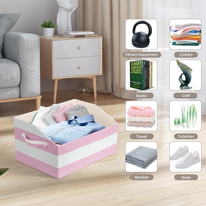 Linen Closet Organizers and Storage, Trapezoid Fabric Bins, Home Office Organization Baskets Striped Collapsible Box with Handles for Clothes, Blanket, Books, DVD, 4 Pack, Pink/White