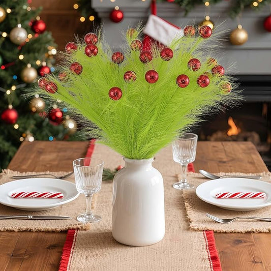 Hananona 30pcs 15" Christmas Picks and Sprays Christmas Tree Filler Green Curly Greenery Stems with Red Ball Xmas Artificial Stems for CraftsTree Decor, Vase Fillers, Home Decorations (30, Green)