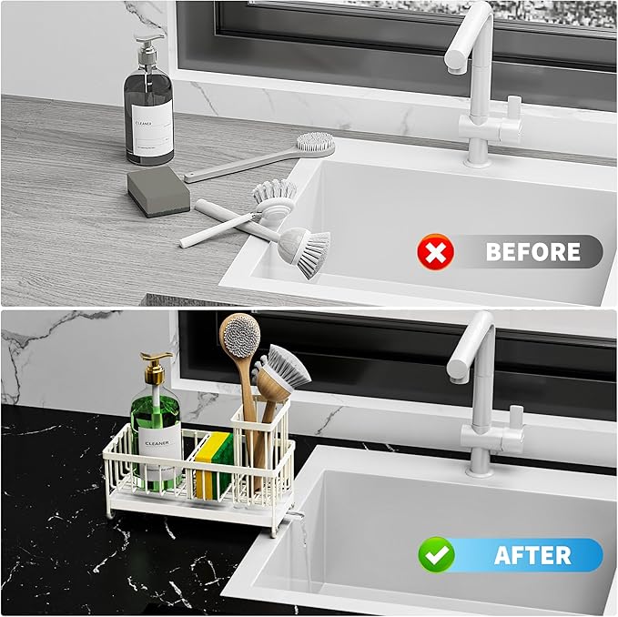 Cisily Cream Sponge Holder for Kitchen Sink, Sink Caddy Organizer with High Brush Holder, Kitchen Countertop Organizers and Storage Essentials, Rustproof 304 Stainless Steel, Soap Dispenser Organize