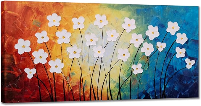Yihui Arts Flower Pictures Wall Decor Hand Painted 3D Light Blue Yellow Red and White Canvas Oil Paintings Modern Big Horizontal Artwork for Living Room Bedroom Nursery Decoration
