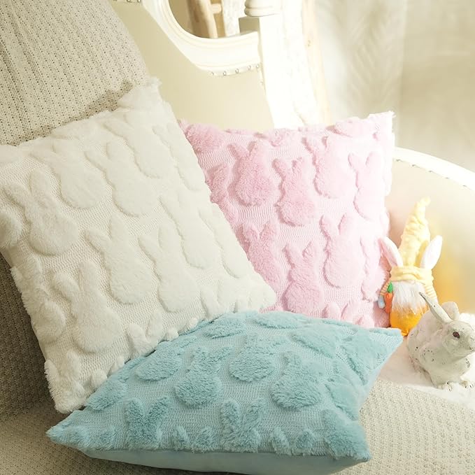 GEEORY Easter Bunny Soft Plush Pillow Covers, 18 x 18 Inch Set of 2, Fluffy Faux Fur Wool Decorative Farmhouse Cushion Case for Sofa Home Decoration Cream GC013-18