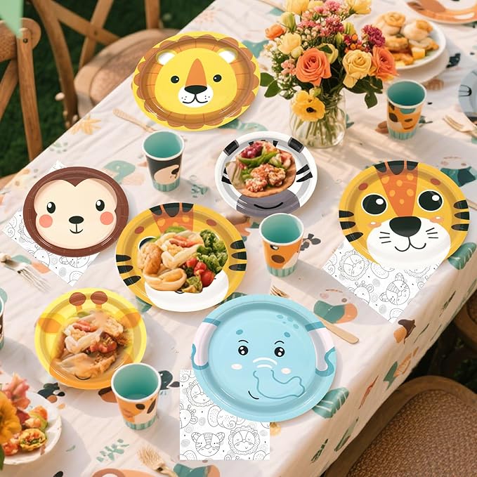 180Pcs Jungle Wild Animal Paper Plates Party Supplies Zoo Animal Paper Plates and Napkins Serve 60 Disposable Tableware Set for Birthday Party Decorations Game Day Family School Holiday Sports Events