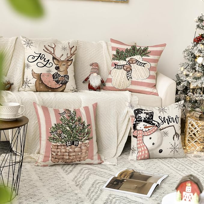 AVOIN colorlife Pink Christmas Snowman Reindeer Gloves Eucalyptus Throw Pillow Covers, 18 x 18 Inch Winter Holiday Stripes Cushion Case Decoration for Sofa Couch Set of 4