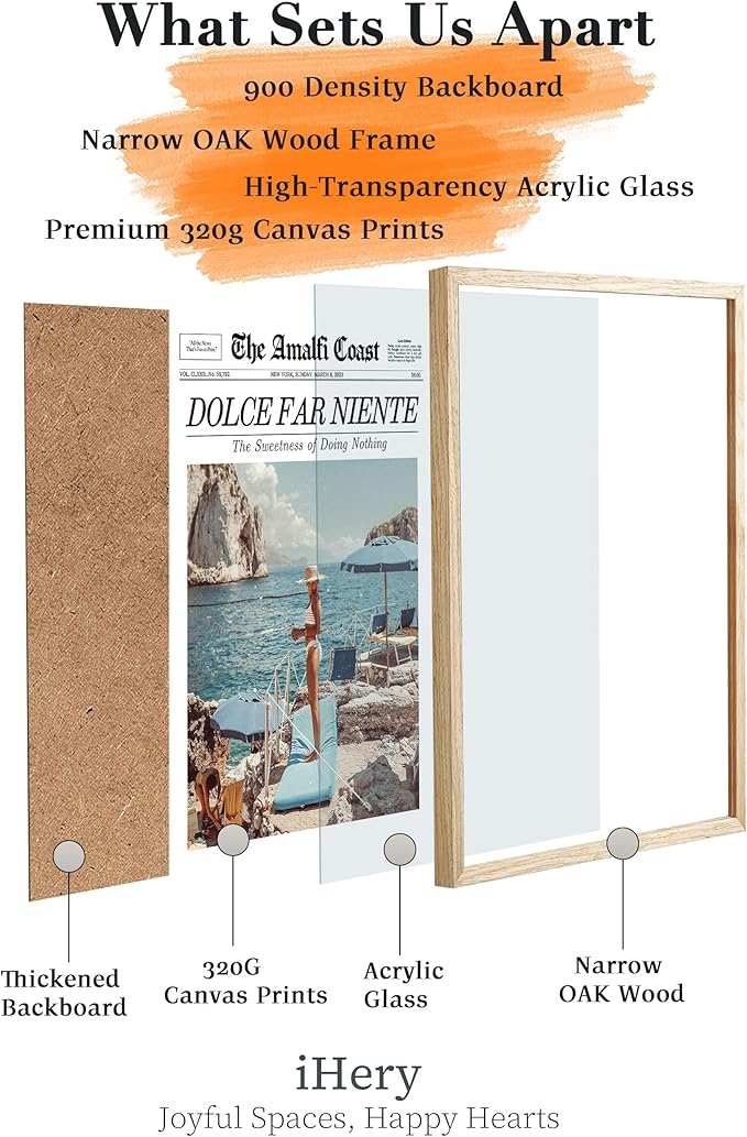 iHery Natural OAK Wood Newspaper Trendy Framed Wall Art, Large Beige 16x20 in Dolce Far Niente Vintage Headline Canvas Wall Art, La Dolce Vita Italian Summer Bedroom Wall Decor Living Room 1Pack