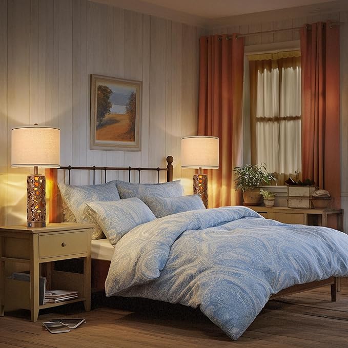 AIDENOEY 27.5" H 3-Way Dimmable Touch Control Table Lamp with USB A+C Ports, Vintage Walnut Finish Resin Bedside Farmhouse Table Lamp Set of 2,for Living Room,Bedroom,Office