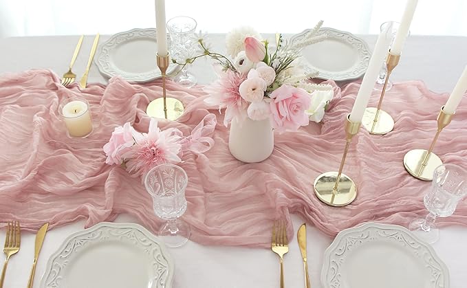 FEXIA 12 Pack Table Runner Dusty Pink Cheesecloth 35x120 Inches Boho Gauze Table Runner Burnt for Wedding Decor Reception Bridal Shower Centerpiece Engagement