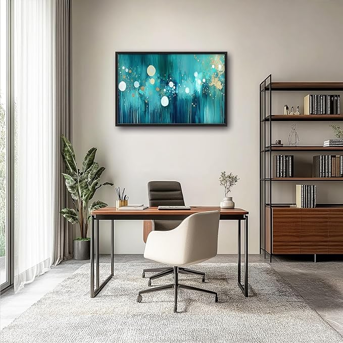 Lovira Abstract Teal and Gold Large Wall Art Turquoise Canvas Wall Decor Pictures Prints Painting Framed Home Artwork for Living Room Bathroom Bedroom Kitchen Office 24"x36"