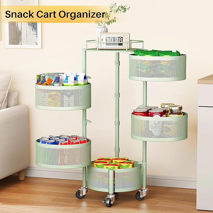 SNTD Fruit and Vegetable Basket Bowls for Kitchen with Metal Top Lid, 5 Tier Rotating Storage Rack Cart for Potato Onion Bread Banana, Wire Basket Organizer on Wheels, Large (Green)