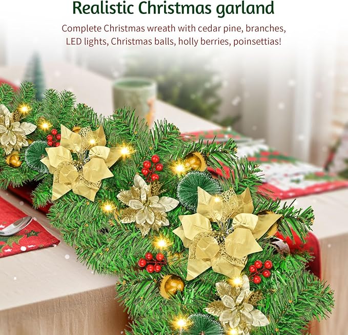 Christmas Garland, 9ft Pre-lit Christmas Decorations Garland with Lights for Front Door, Artificial Green Rattan, for Xmas Tree, Mantel Stairs Home Indoor Outdoor Christmas Decor Wreath (Gold)