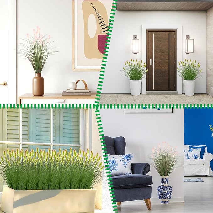 Artificial Grasses Plants Oudoor 24 Bunches Onion Grass Greenery with Plush Faux Fake Shrubs Plant Onion Wheat Grass for Outside Garden Indoor House Home Office Décor (Light Purple & Pink Plush