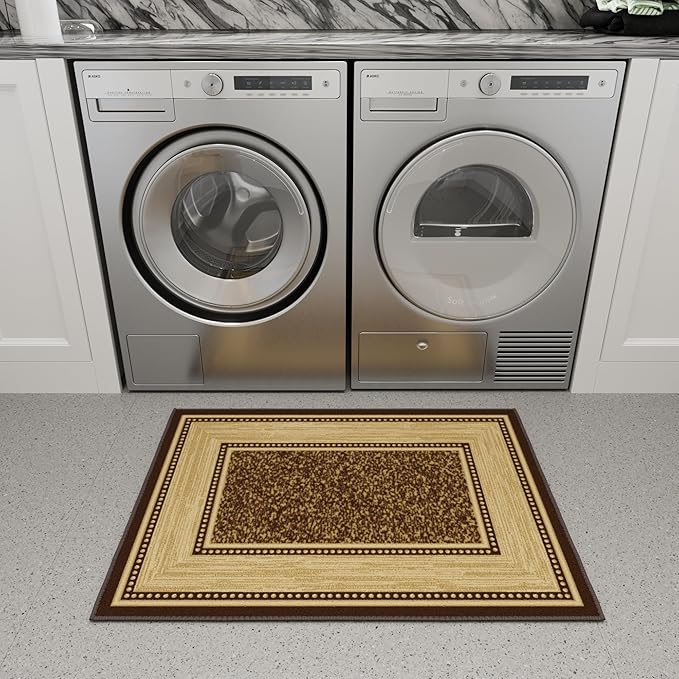 Ottomanson Rugs for Entryway 2'3" x 3' Non Slip Border Small Area Rugs Durable Front Door Mat Rug Stain Resistant Entrance Rugs for Bathroom Kitchen Bedroom & Living Room, Brown