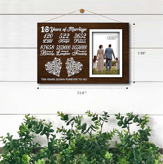 10 Year Anniversary for Him Her - 10th Year Wedding Marriage Husband and Wife Picture Frame 4x6 Inches - 120 Months Couple Bedroom Decor with Photo