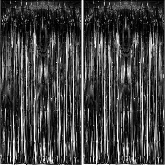 2 Pack Foil Curtain Backdrop Black Metallic Tinsel Foil Fringe Curtains Photo Booth Props for Birthday Wedding Engagement Baby Shower Bachelorette Christmas Holiday Celebration Party Decorations