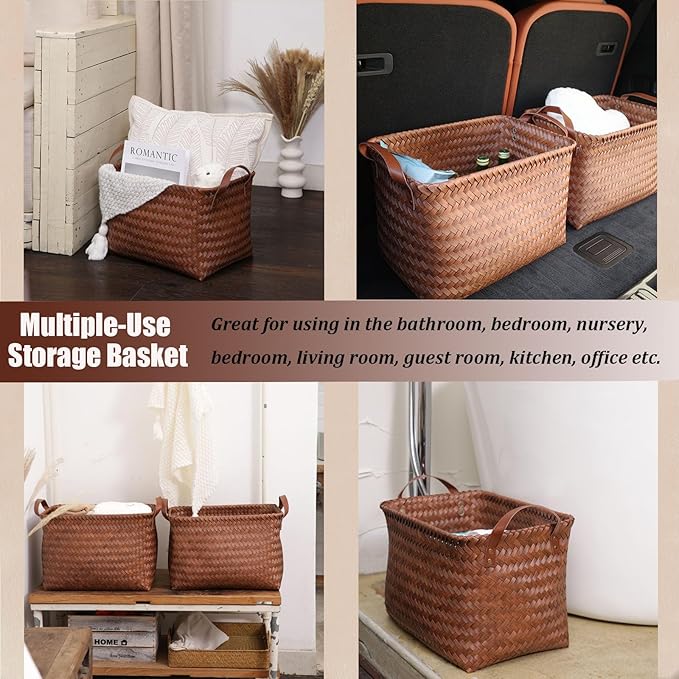 BROWNLILY Handwoven Clothes Basket Laundry Hampers Large Wicker Storage Baskets for Shelves Blankets Closet Storage Bins Car Bedroom Bathroom Organizers and Storage Bath (Pack of 4, Brown)
